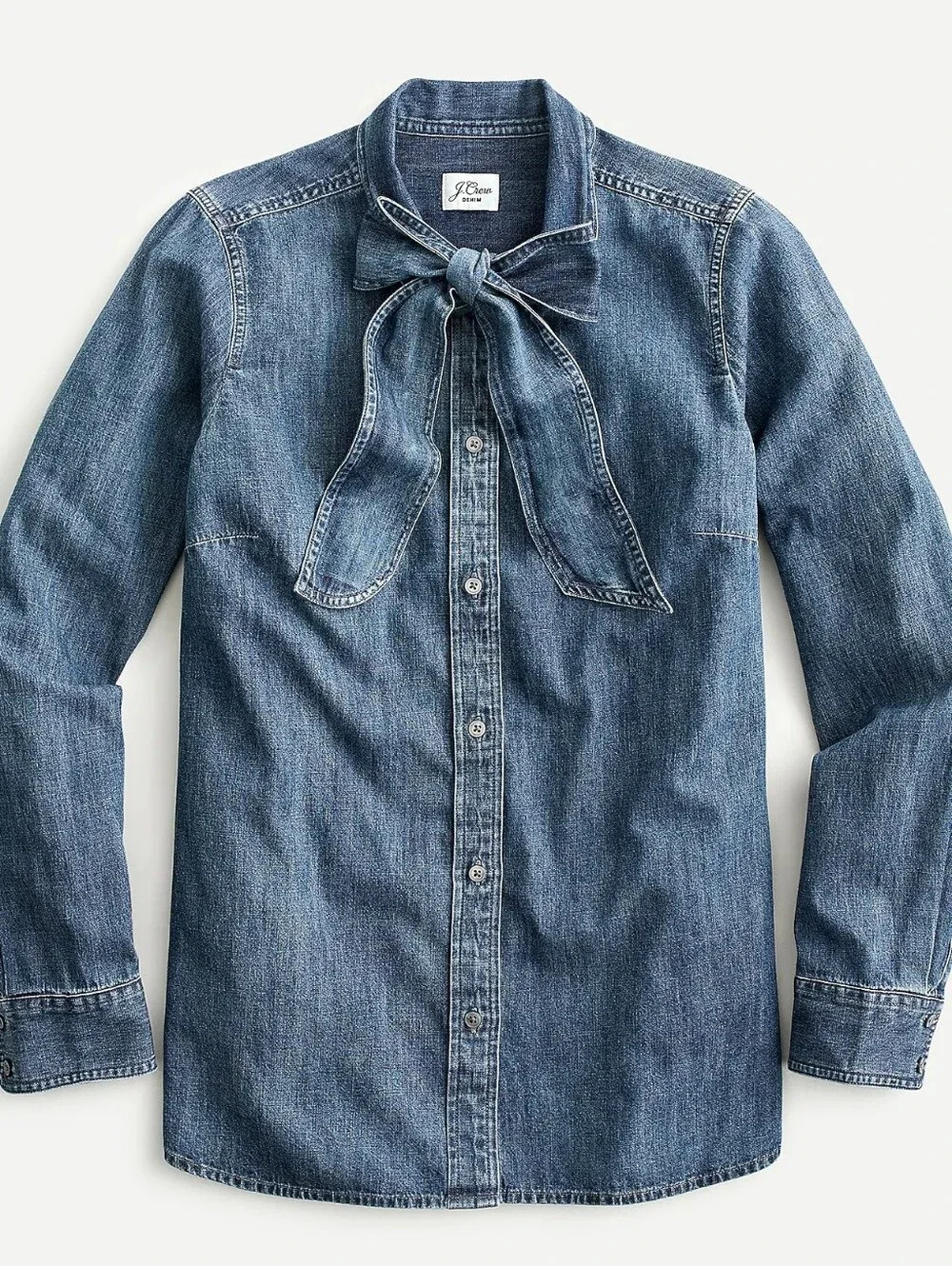 J. Crew Denim Classic-fit chambray bow shirt Sz Large Cotton Blue WT304